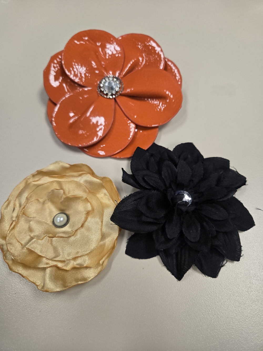 Floral Clip Set - Orange, Black & Gold Fabric Flower Hair Accessories
